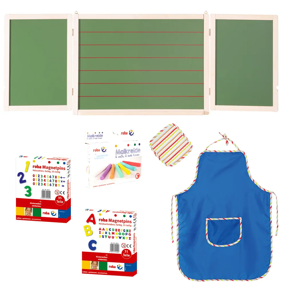 Schreib- & Maltafel magnetisch, weiß, liniert, inkl. Kreide, Holzmagnetzahlen & -buchstaben