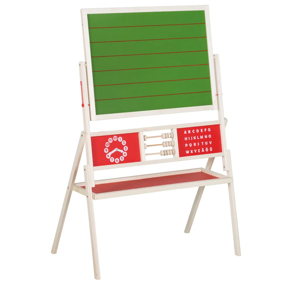 Standtafel drehbar mit Schreibtafel liniert, Maltafel magnetisch, Uhr, ABC, Holz natur
