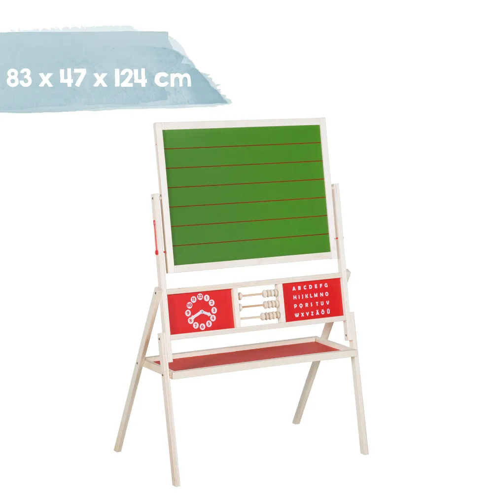 Standtafel drehbar mit Schreibtafel liniert, Maltafel magnetisch, Uhr, ABC, Holz natur