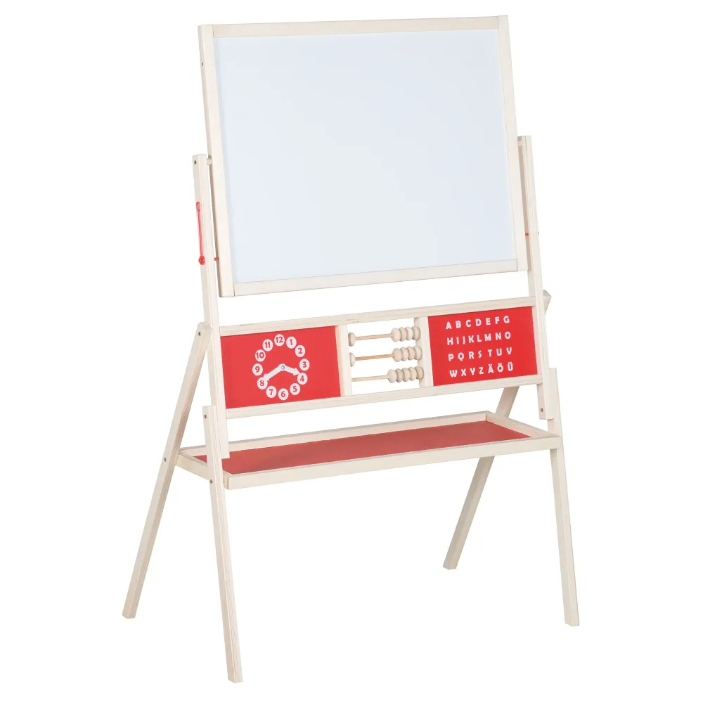 Standtafel drehbar mit Schreibtafel liniert, Maltafel magnetisch, Uhr, ABC, Holz natur