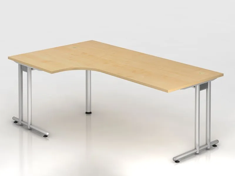 Table d'angle Hammerbacher pied C 200x120cm 90° érable/argent forme d'angle 90° chemin de câbles horizon...