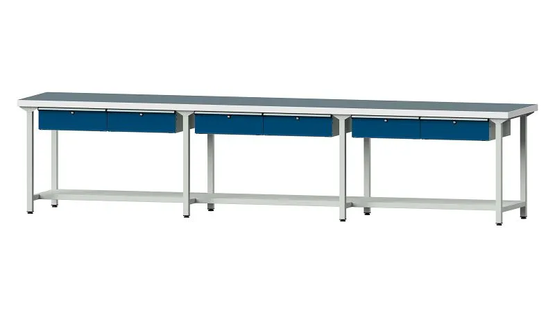 Table de travail ANKE exemple 205 4050 x 800 x 900 mm RAL 7035/5010 UBP 50 mm 401.559 magasiner à bas prix