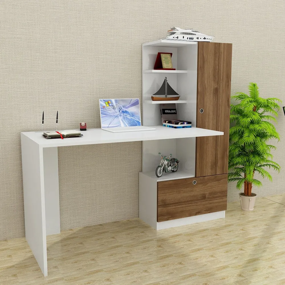 Bureau et bibliothèque à droite Asox Blanc et Bois pour Séances Longues