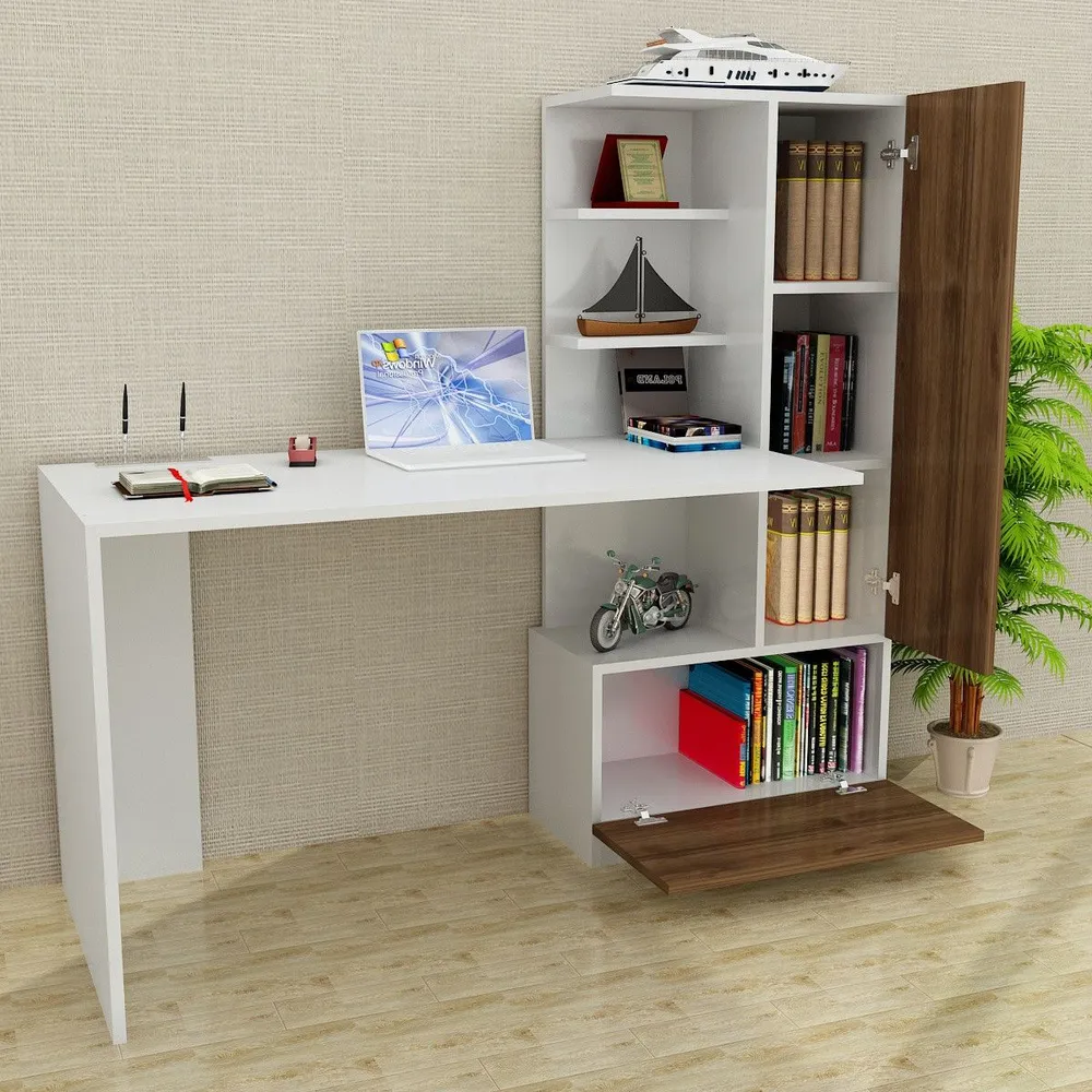 Bureau et bibliothèque à droite Asox Blanc et Bois pour Séances Longues