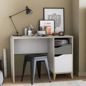 Bureau 1 porte 1 tiroir Blanc/Gris - NOAH - L 106.5 x l 50 x H 76 cm avec Certification