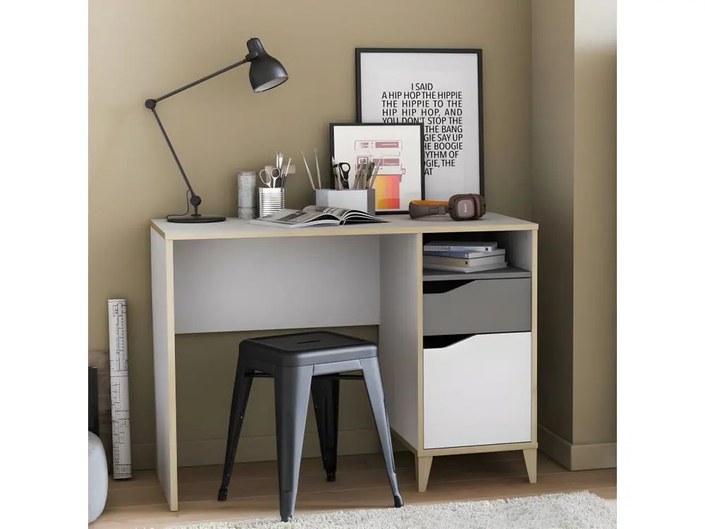 Bureau 1 porte 1 tiroir Blanc/Gris - NOAH - L 106.5 x l 50 x H 76 cm avec Certification
