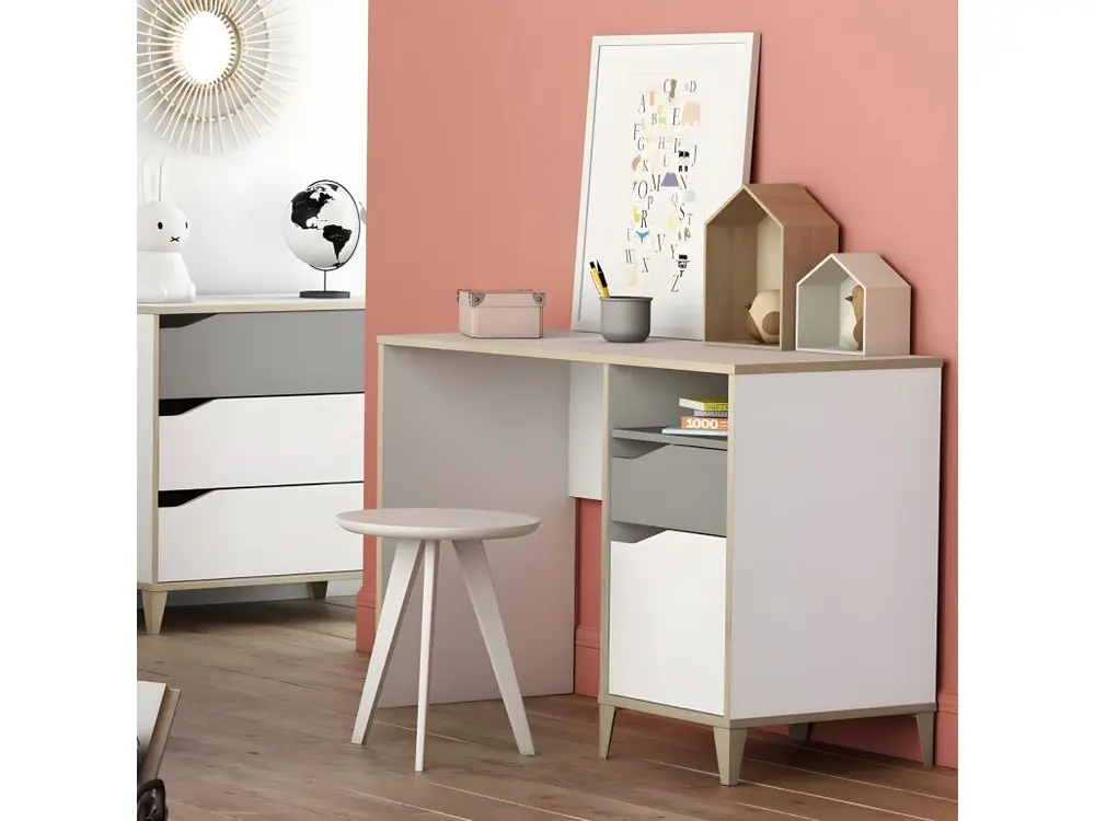Bureau 1 porte 1 tiroir Blanc/Gris - NOAH - L 106.5 x l 50 x H 76 cm avec Certification
