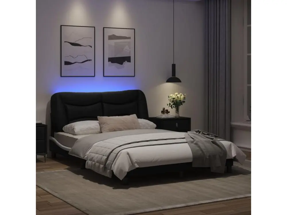 Design Contemporain Cadre de lit avec lumières LED noir blanc 140x190 cm similicuir