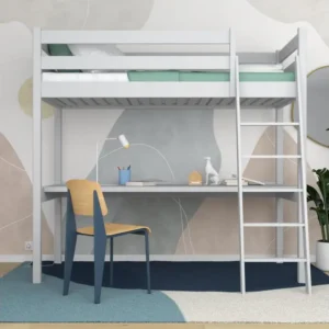 Lit mezzanine en bois - avec bureau N03 Gris 100x200 avec 5 Ans de Garantie
