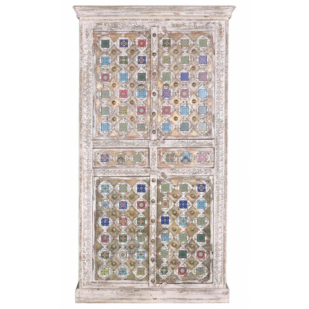 Armoire 2 tiroirs bois, cuivré foncé blanc 100x40x185cm bois-bronze - zélia décoration d'autrefois