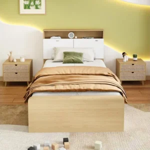 Bloc-notes mural Lit enfant 90 x 200 cm - tête de lit avec étagère à rabat + 4 tiroirs - bois MDF - Coloris chêne évident
