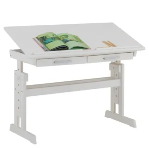 Bureau enfant écolier junior OLIVIA table à dessin réglable en hauteur et pupitre inclinable avec 2 tiroirs en pin massif...