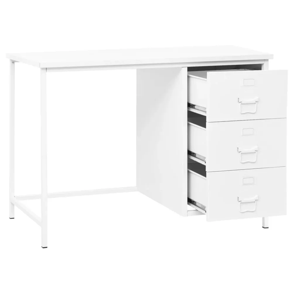 Bureau table poste de travail meuble d'ordinateur informatique étude industriel avec tiroirs 105 x 52 x 75 cm Acier blanc...