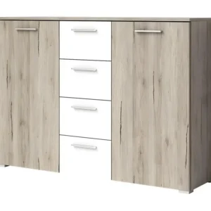 Commode design 2 portes et 4 tiroirs 130cm. Collection EOS coloris chêne net et blanc