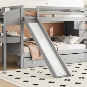 Lit superposé 90x200 cm en bois massif - avec bureau,toboggan et 2 tiroirs - Gris avec Compartiments Multiples