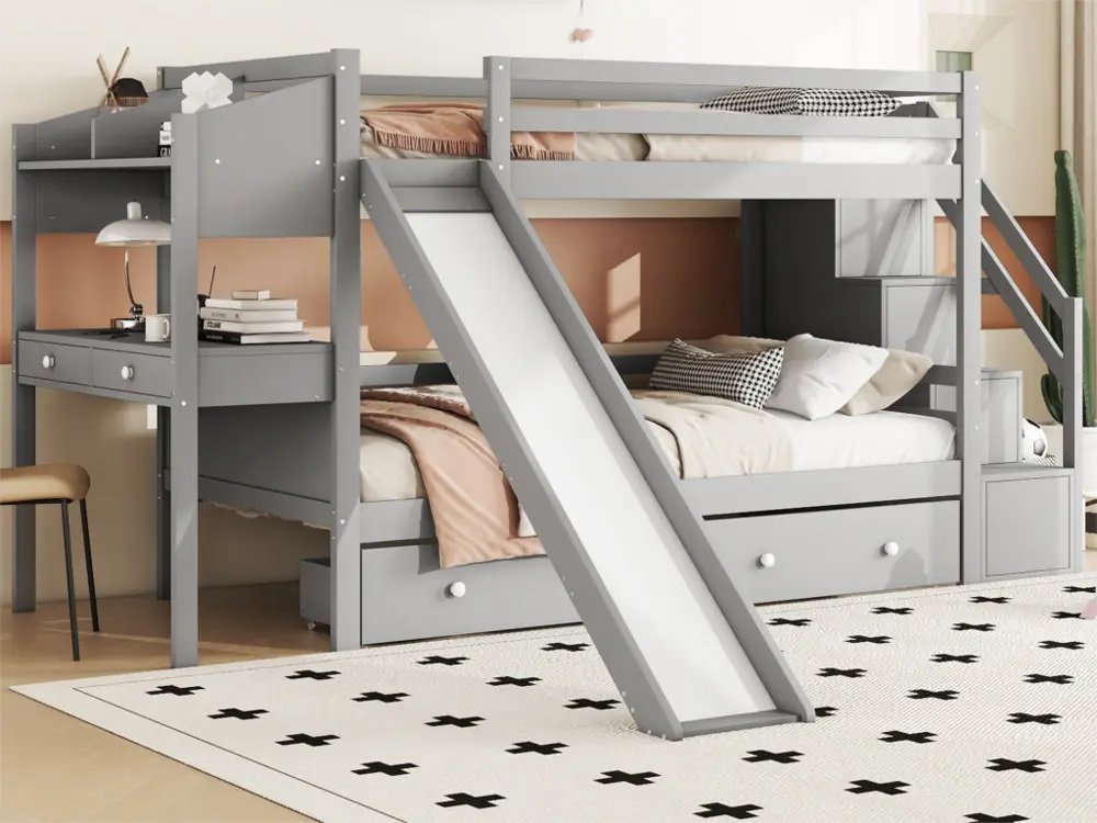 Lit superposé 90x200 cm en bois massif - avec bureau,toboggan et 2 tiroirs - Gris avec Compartiments Multiples