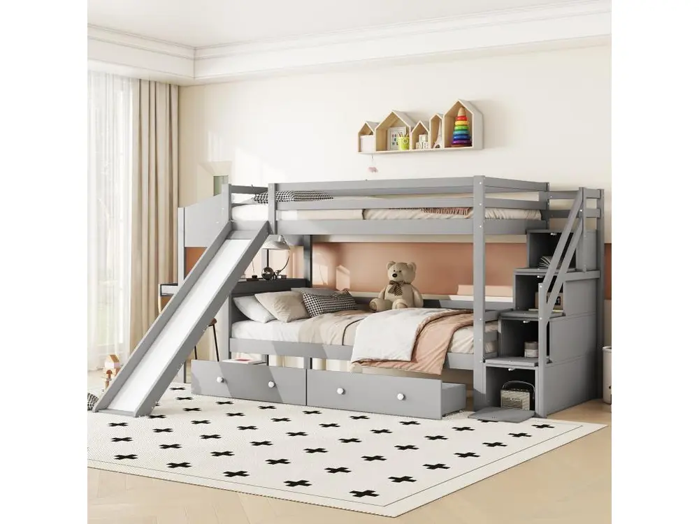 Lit superposé 90x200 cm en bois massif - avec bureau,toboggan et 2 tiroirs - Gris avec Compartiments Multiples