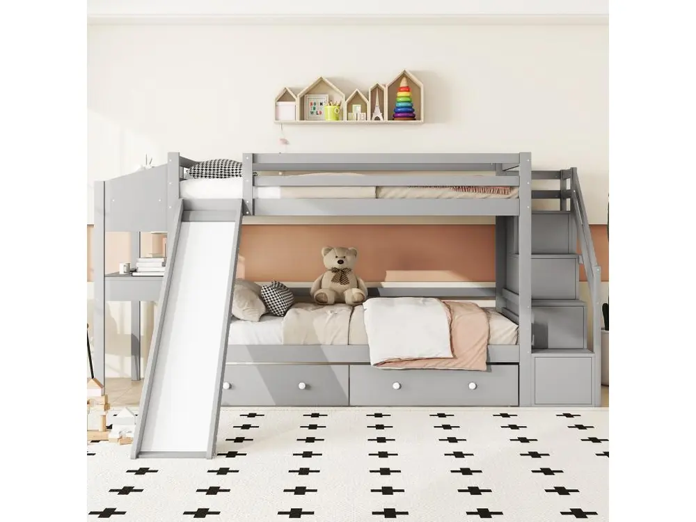 Lit superposé 90x200 cm en bois massif - avec bureau,toboggan et 2 tiroirs - Gris avec Compartiments Multiples