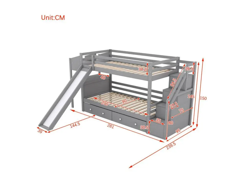 Lit superposé 90x200 cm en bois massif - avec bureau,toboggan et 2 tiroirs - Gris avec Compartiments Multiples