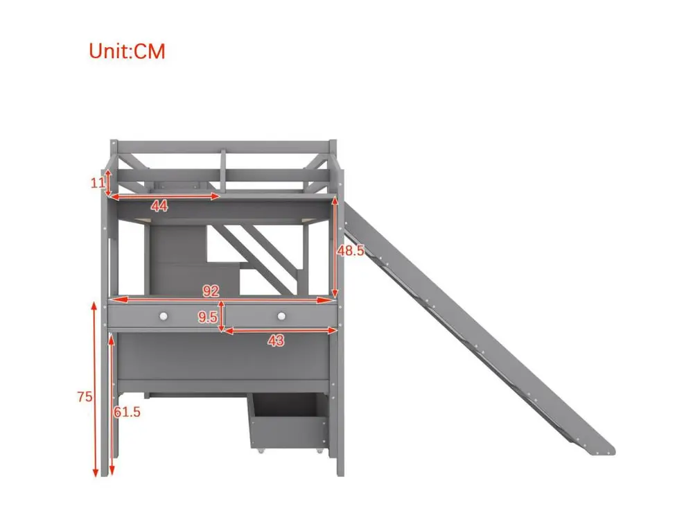 Lit superposé 90x200 cm en bois massif - avec bureau,toboggan et 2 tiroirs - Gris avec Compartiments Multiples