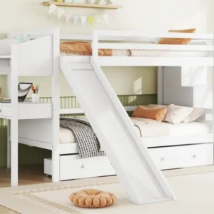 Lit superposé 90x200 cm en bois massif - avec bureau,toboggan et 2 tiroirs - Blanc Sans outil d'installation