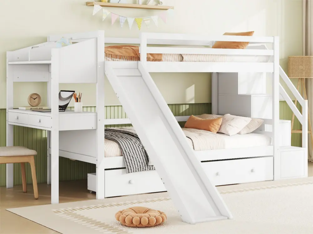 Lit superposé 90x200 cm en bois massif - avec bureau,toboggan et 2 tiroirs - Blanc Sans outil d'installation
