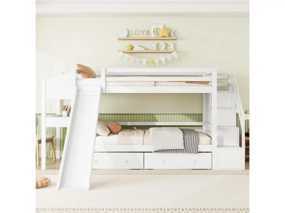 Lit superposé 90x200 cm en bois massif - avec bureau,toboggan et 2 tiroirs - Blanc Sans outil d'installation
