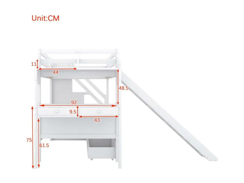 Lit superposé 90x200 cm en bois massif - avec bureau,toboggan et 2 tiroirs - Blanc Sans outil d'installation