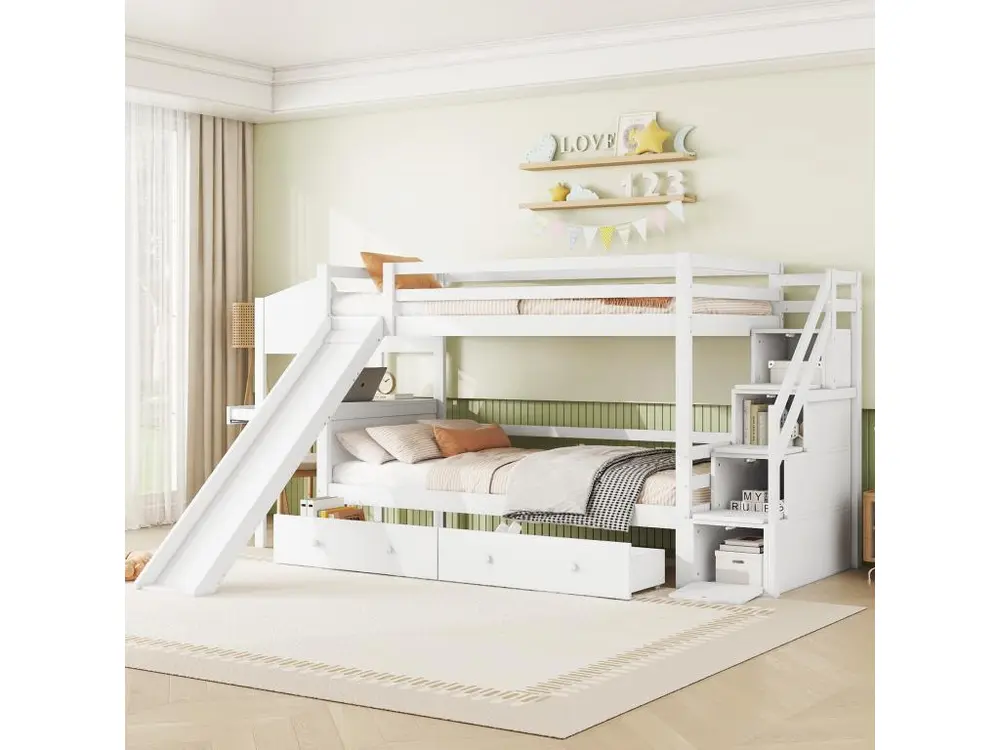 Lit superposé 90x200 cm en bois massif - avec bureau,toboggan et 2 tiroirs - Blanc Sans outil d'installation