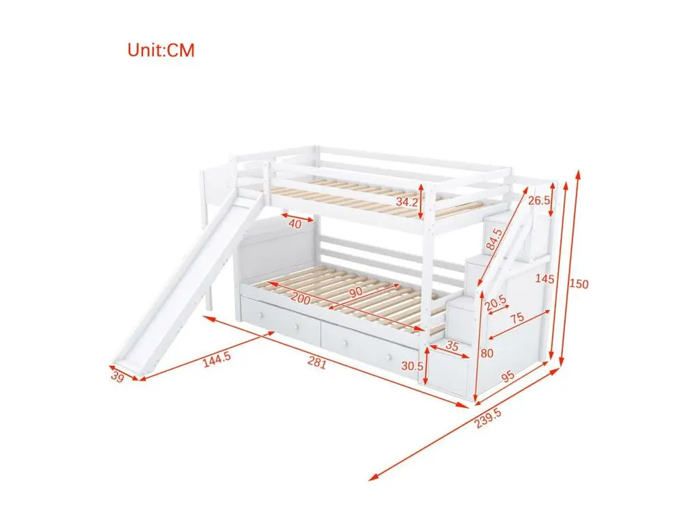 Lit superposé 90x200 cm en bois massif - avec bureau,toboggan et 2 tiroirs - Blanc Sans outil d'installation