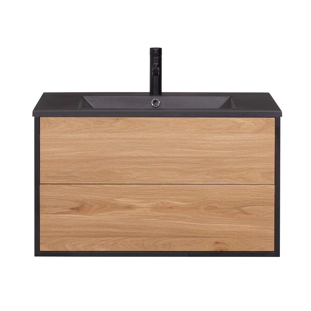 Support pour écran Meuble-lavabo raffiné à montage mural avec cadre noir mat et 2 tiroirs, 29-3/4" x 18-1/4" x 18"