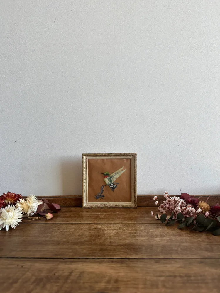 Grammage Élevé Colibri peint sur papier signé cadre en bois
