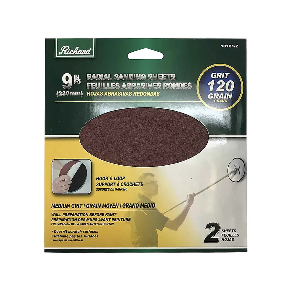 Papier sablé rond de 9'' de diamètre avec attache velcro, grain 120 (paquet de 2) pour étiquetage