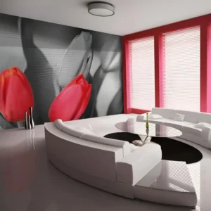 Papier peint intissé Fleurs Tulipes rouges sur fond noir et blanc : Taille - 300 x 231 cm