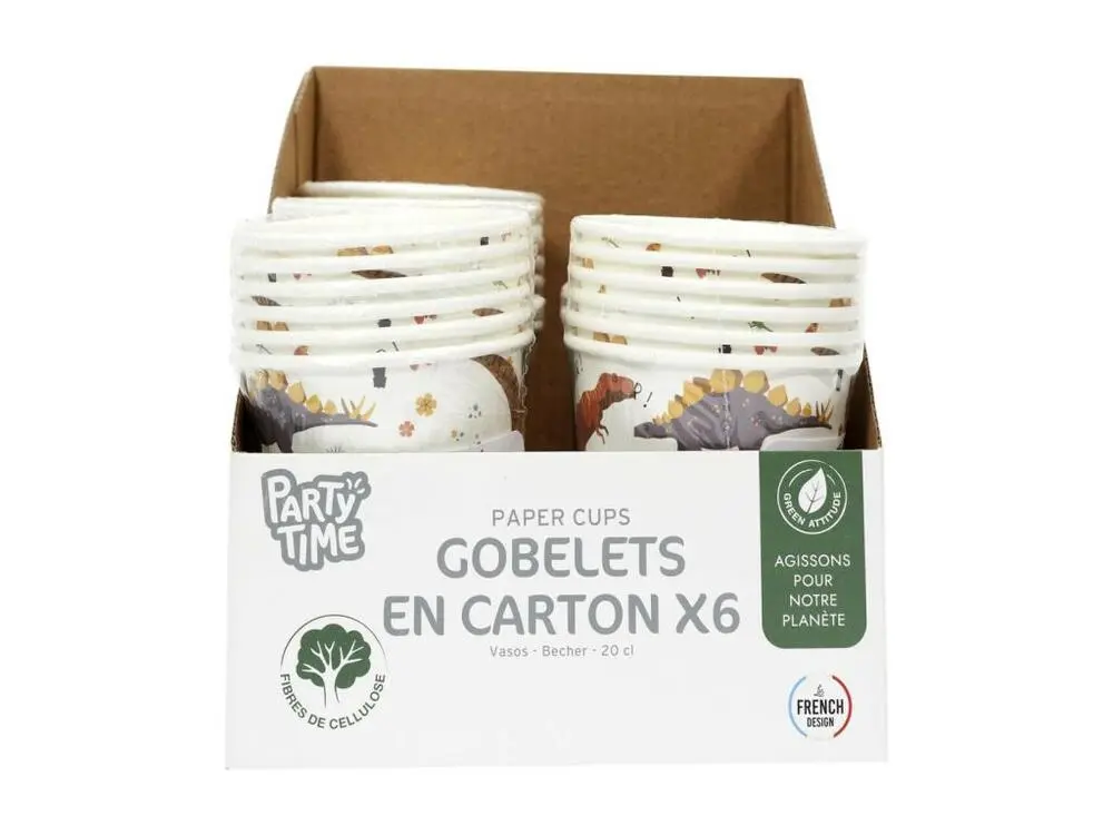 Lot de 6 Gobelets en Papier "Dinosaure" 20cl Blanc