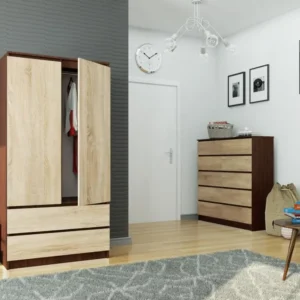Armoire AKORD S90 Wengé 90 cm 2 portes 2 tiroirs façade Chêne Sonoma 4 étagères 90x51x180 cm