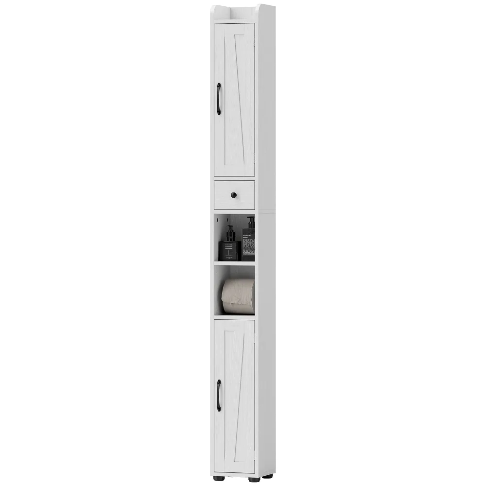 Armoire salle de bain haute, meuble de rangement colonne, 2 portes, tiroir, niches ouvertes, étagères réglables et porte-p...
