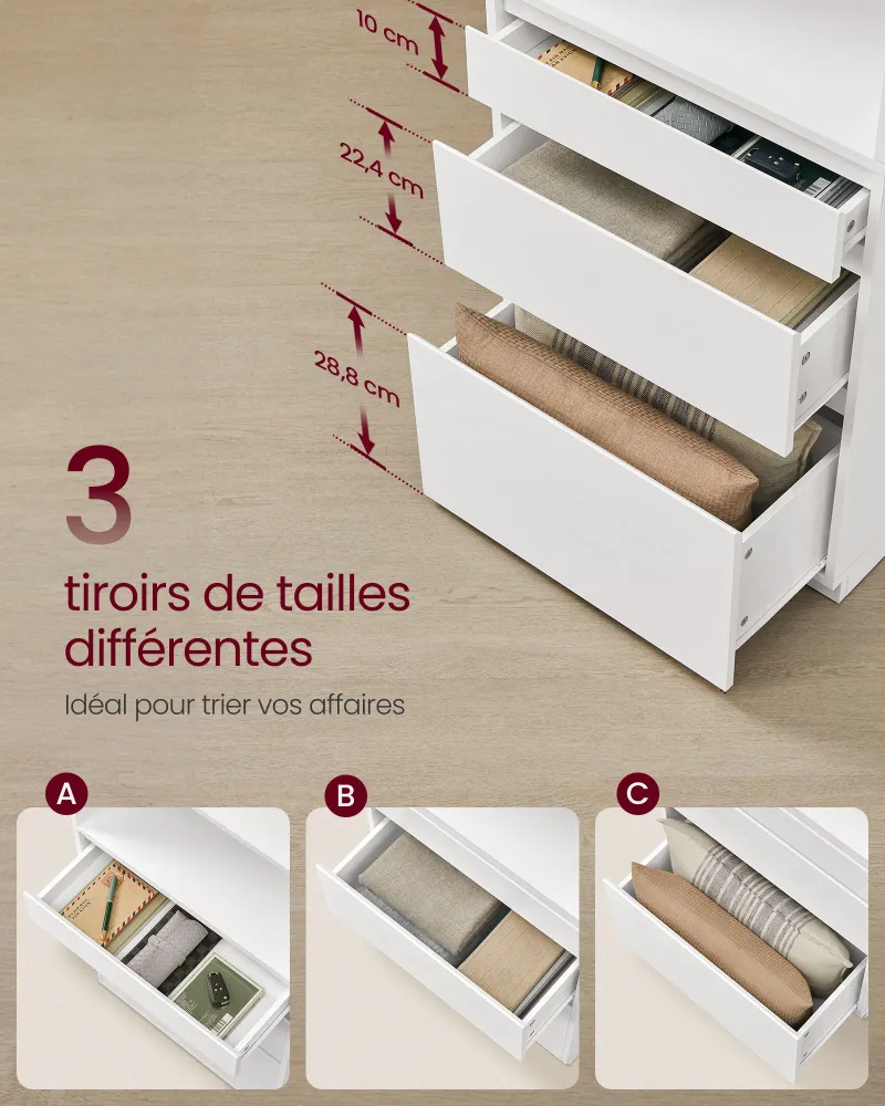 Bibliothèque armoire haute buffet 3 tiroirs de tailles différentes étagères réglables 30 x 57,1 x 180 cm pour salon chambr...