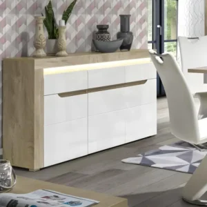 Buffet 3 portes 1 tiroir Blanc/Chêne à LED - KIELE - L 152 x l 39 x H 89 cm