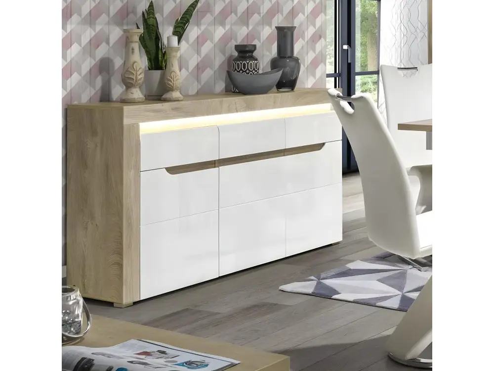Buffet 3 portes 1 tiroir Blanc/Chêne à LED - KIELE - L 152 x l 39 x H 89 cm
