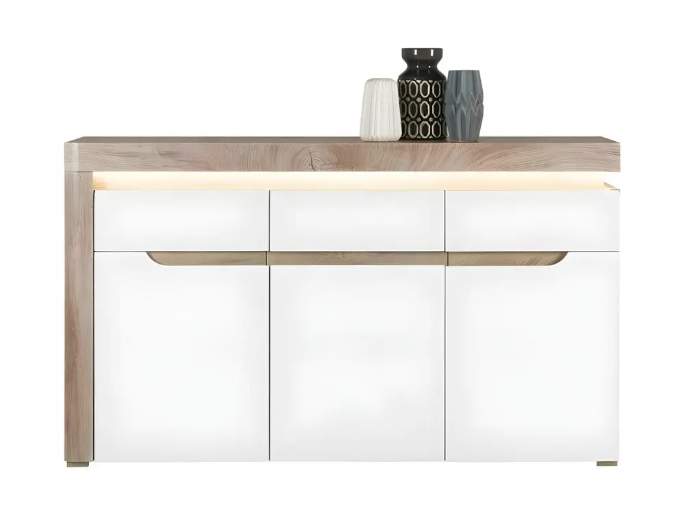 Buffet 3 portes 1 tiroir Blanc/Chêne à LED - KIELE - L 152 x l 39 x H 89 cm