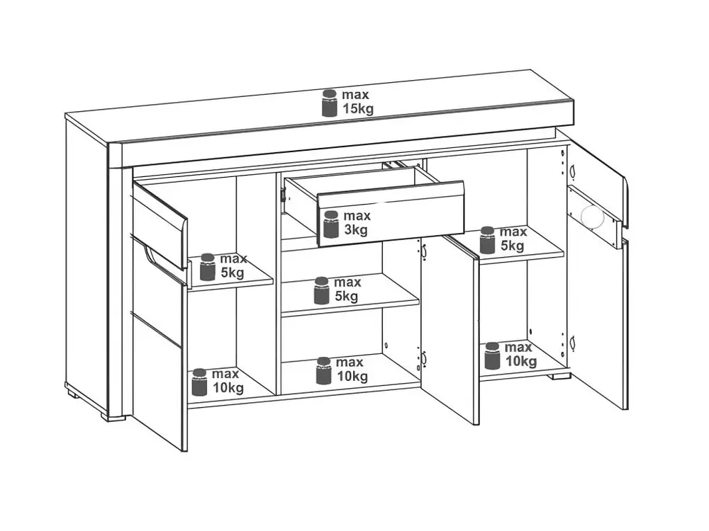 Buffet 3 portes 1 tiroir Blanc/Chêne à LED - KIELE - L 152 x l 39 x H 89 cm