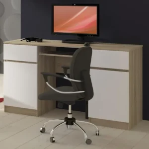 Bureau d'ordinateur AKORD A5 Chêne Sonoma 135 cm 2 portes 2 tiroirs façade Blanche 5 étagères 135x50x77 cm