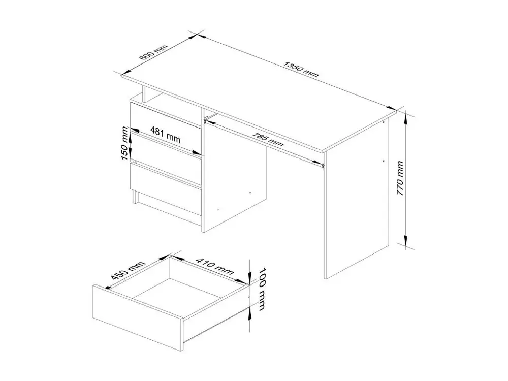 Bureau d'ordinateur AKORD CLP Chêne Sonoma 135 cm 3 tiroirs façade Chêne Sonoma 2 étagères 135x60x77 cm