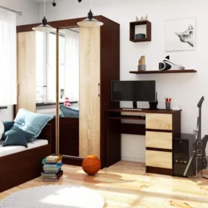 Bureau d'ordinateur AKORD droit A6 Wengé 90 cm 3 tiroirs façade Chêne Sonoma 1 étagère 90x50x77 cm
