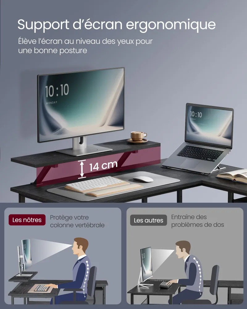 Bureau en forme de L avec 2 tiroirs spacieux bureau gaming avec support pour écran bureau d’angle bureau d’ordinateur 105...