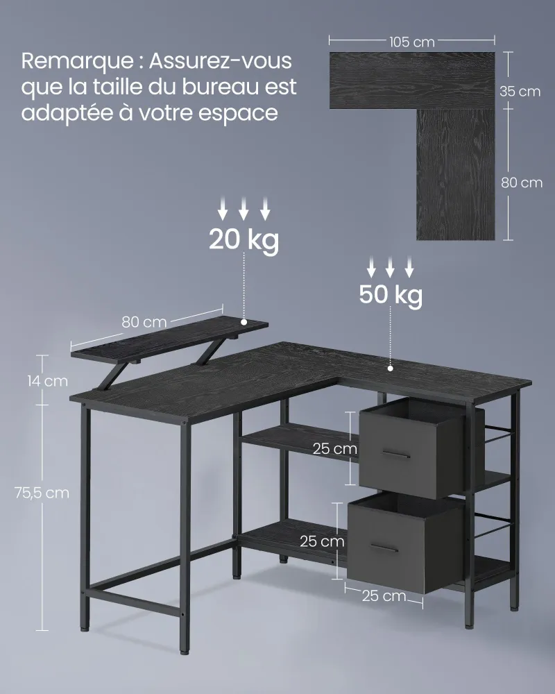 Bureau en forme de L avec 2 tiroirs spacieux bureau gaming avec support pour écran bureau d’angle bureau d’ordinateur 105...