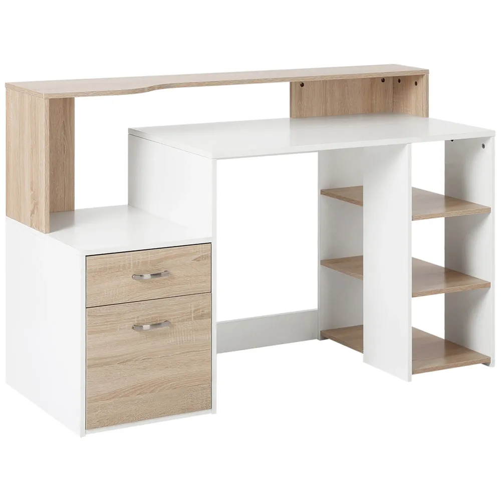 Bureau informatique avec 2 tiroirs, bureau avec rangement, 137 x 55 x 92 cm, étagères ouvertes et tablette d'imprimante, s...
