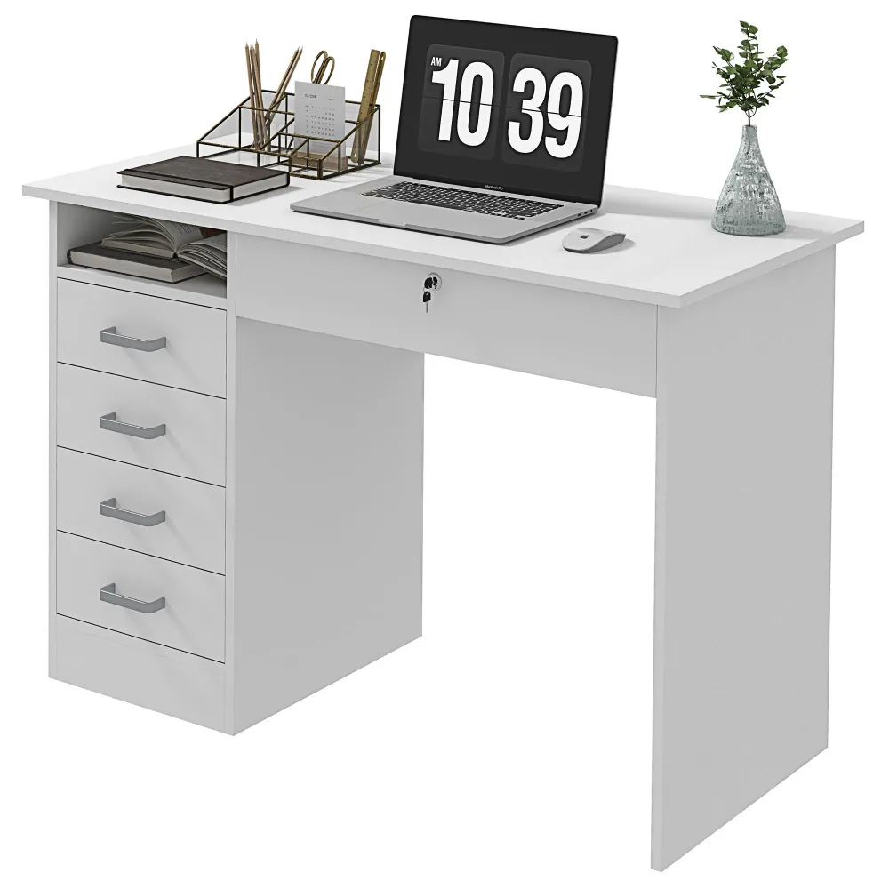 Bureau informatique table d'ordinateur novateur avec 5 tiroirs, grand plateau, 1 compartiment ouvert, tiroir verrouillable...