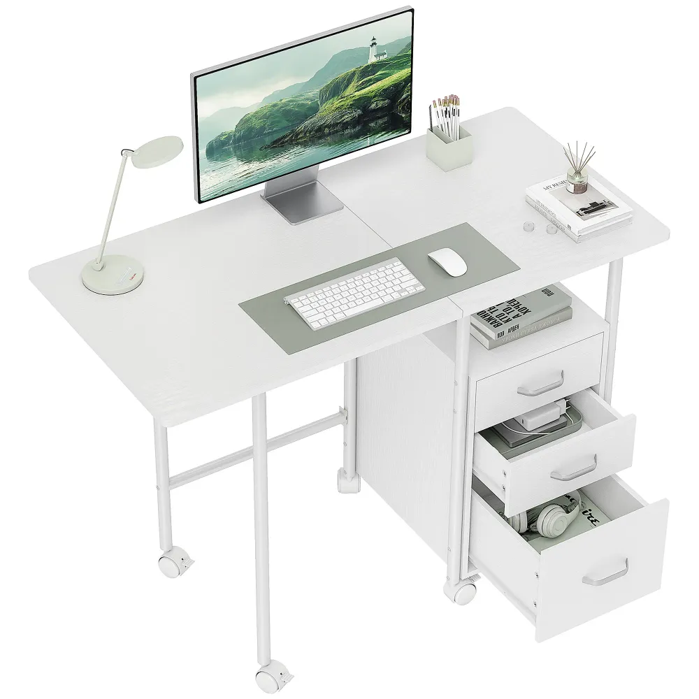 Bureau pliable sur roulettes avec 3 tiroirs, bureau d'ordinateur, plateau extensible, cadre en acier, 105x51x75,5cm, pour...